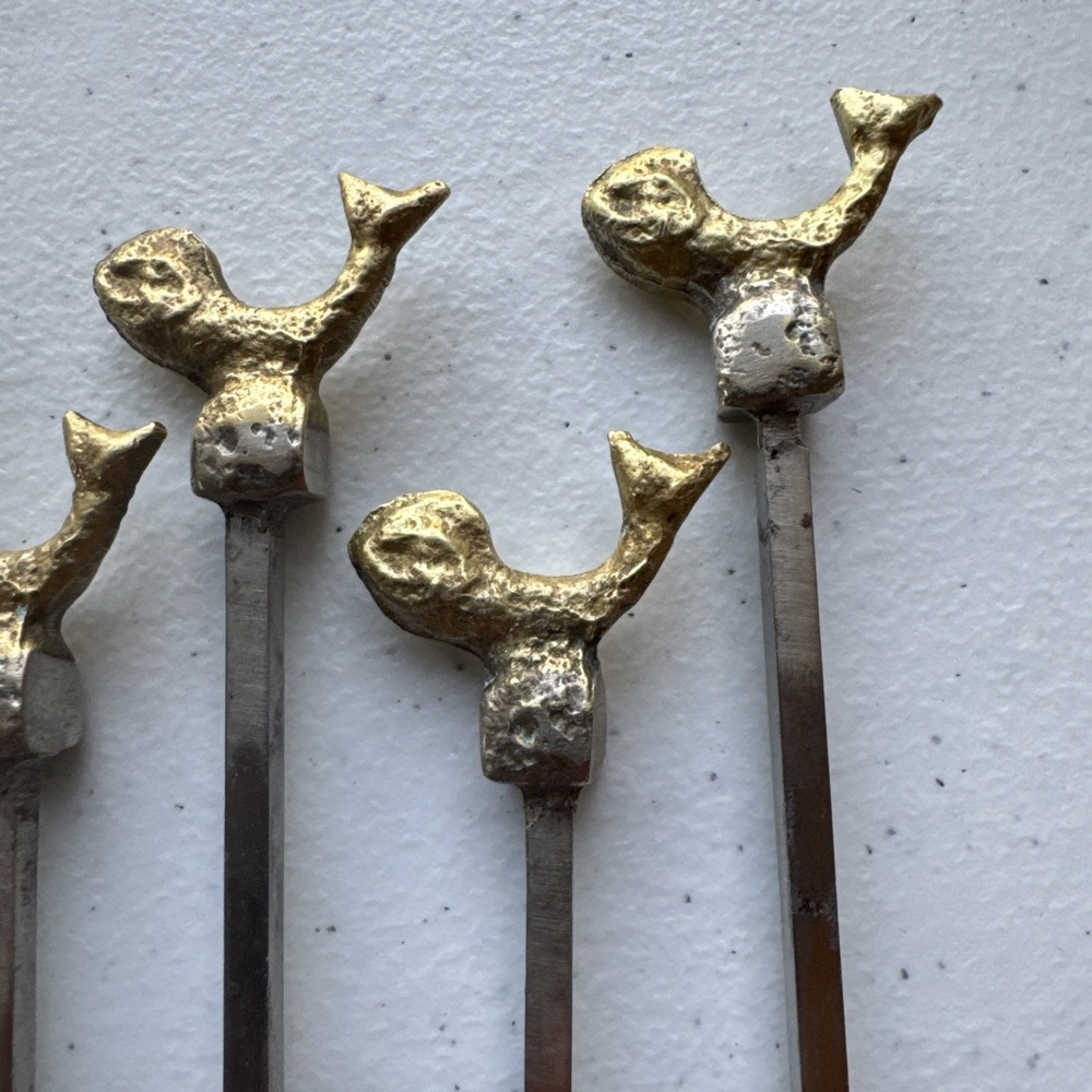 Vintage Turkish Kebob Skewers Fish Whale Nautical Brass Stainless Steel 13" Set - Picture 6 of 9